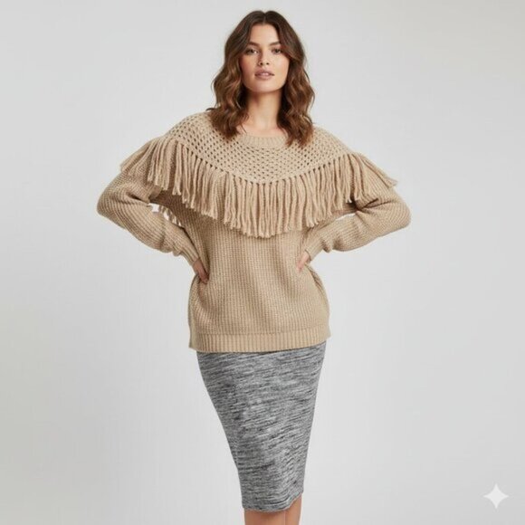 Forever 21 Chunky Knit Sweater Pullover beige Fringe detail Size Medium - Picture 4 of 16